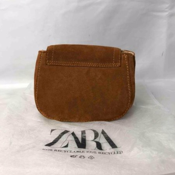 ZARA Suede Leather Mini Crossbody Bag Snap Closure Laced Strap Woven Trim Fringe - Picture 10 of 13